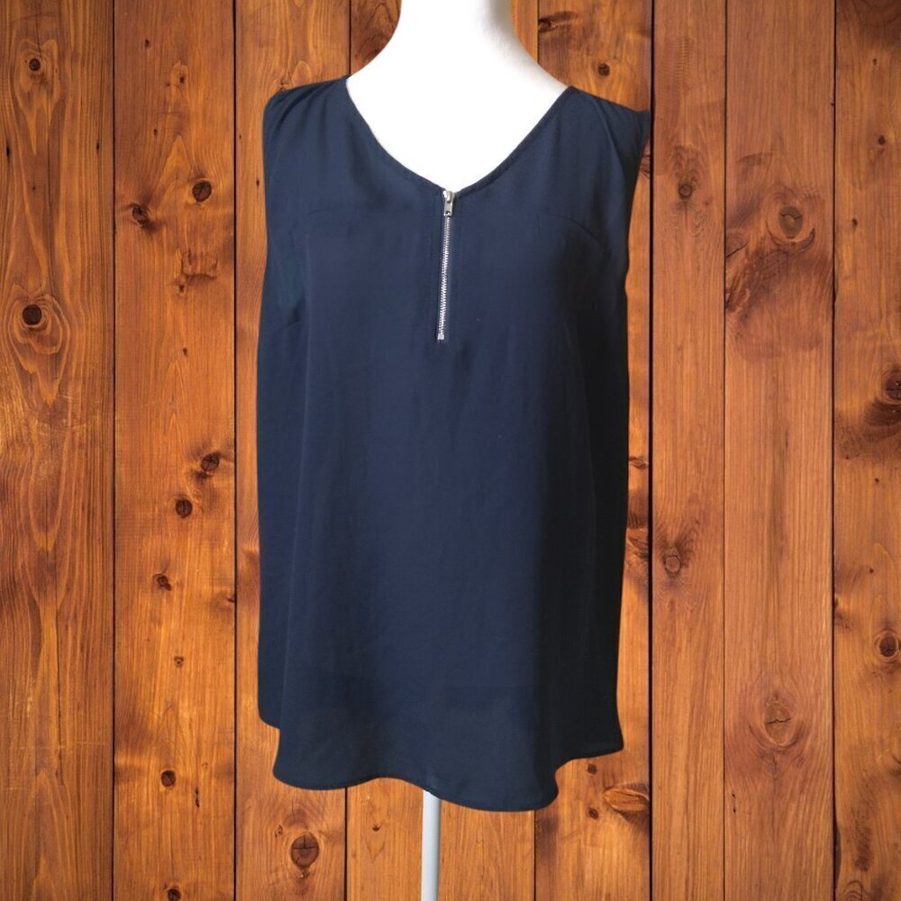 Papermoon Size 1X Blue Sleeveless 1/4 Zip Tank Top Blouse Office Business Casual
